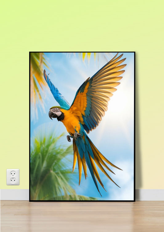 Macaw Flying in the Sun Poster Wall Art