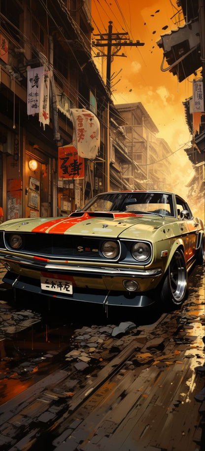 Anime-style Muscle Car in a Japanese Street Poster Wall Art