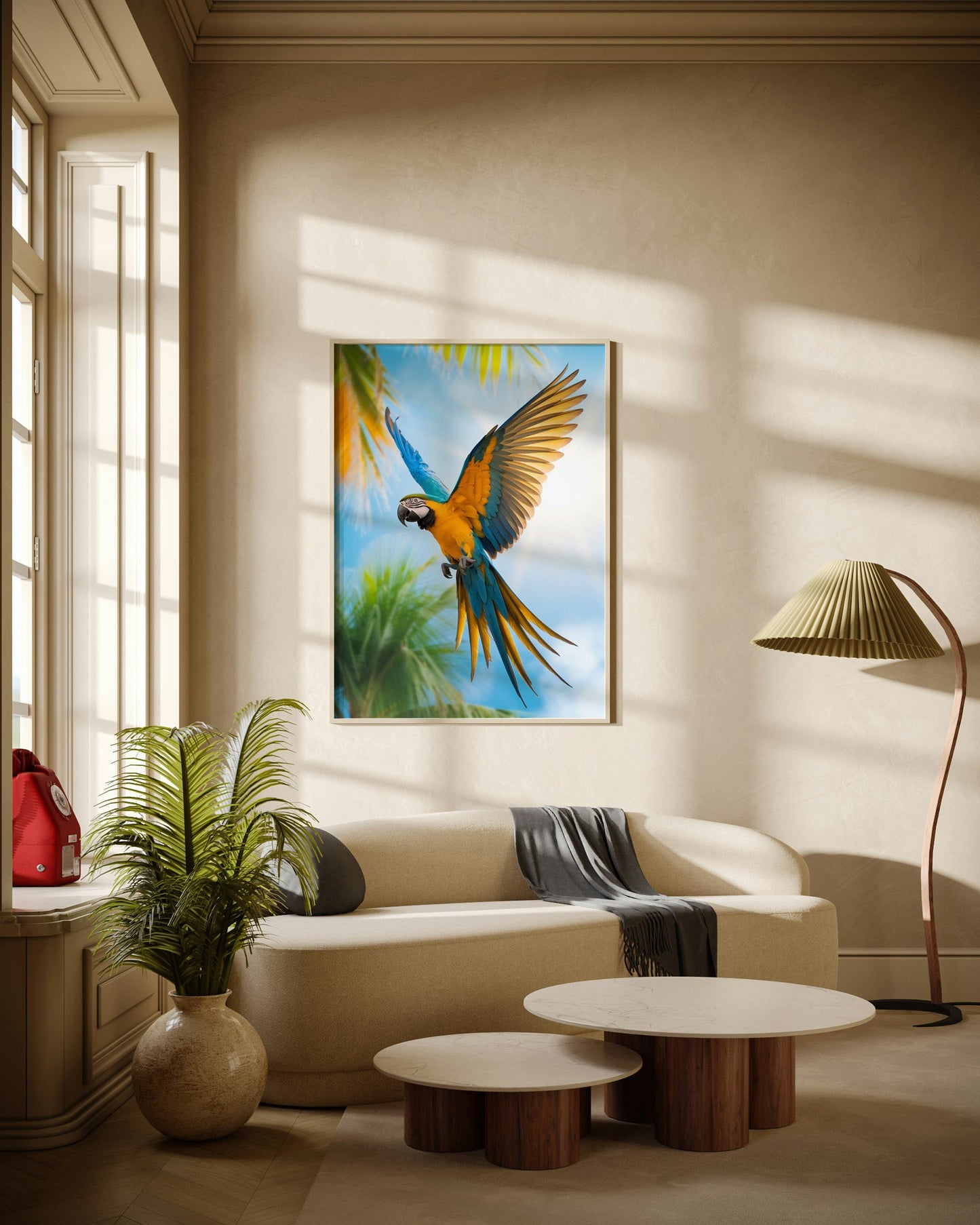Macaw Flying in the Sun Poster Wall Art