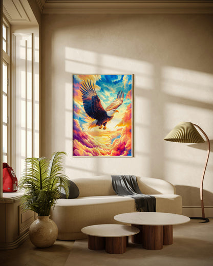 Bald Eagle Flying Through Sunset Clouds Poster Wall Art
