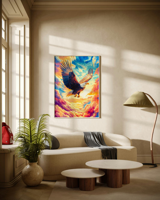 Bald Eagle Flying Through Sunset Clouds Poster Wall Art