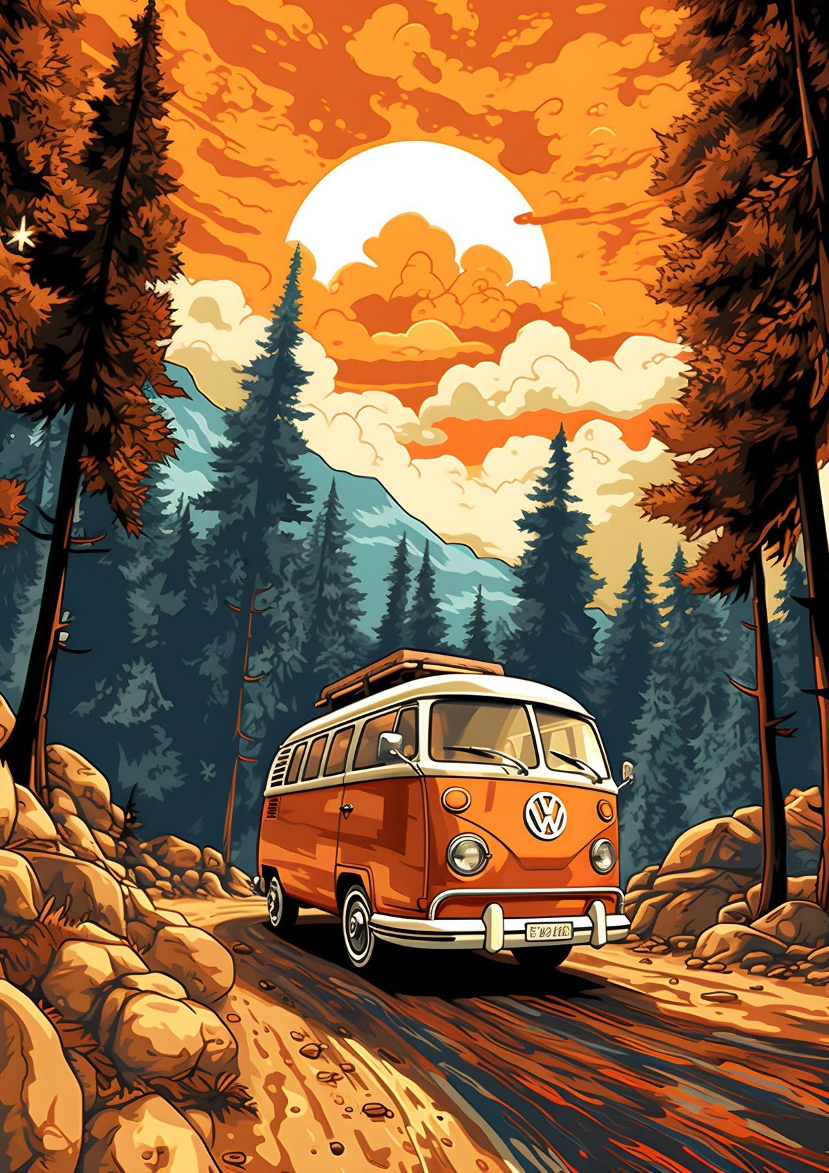 Retro VW Bus Road Trip Poster Wall Art