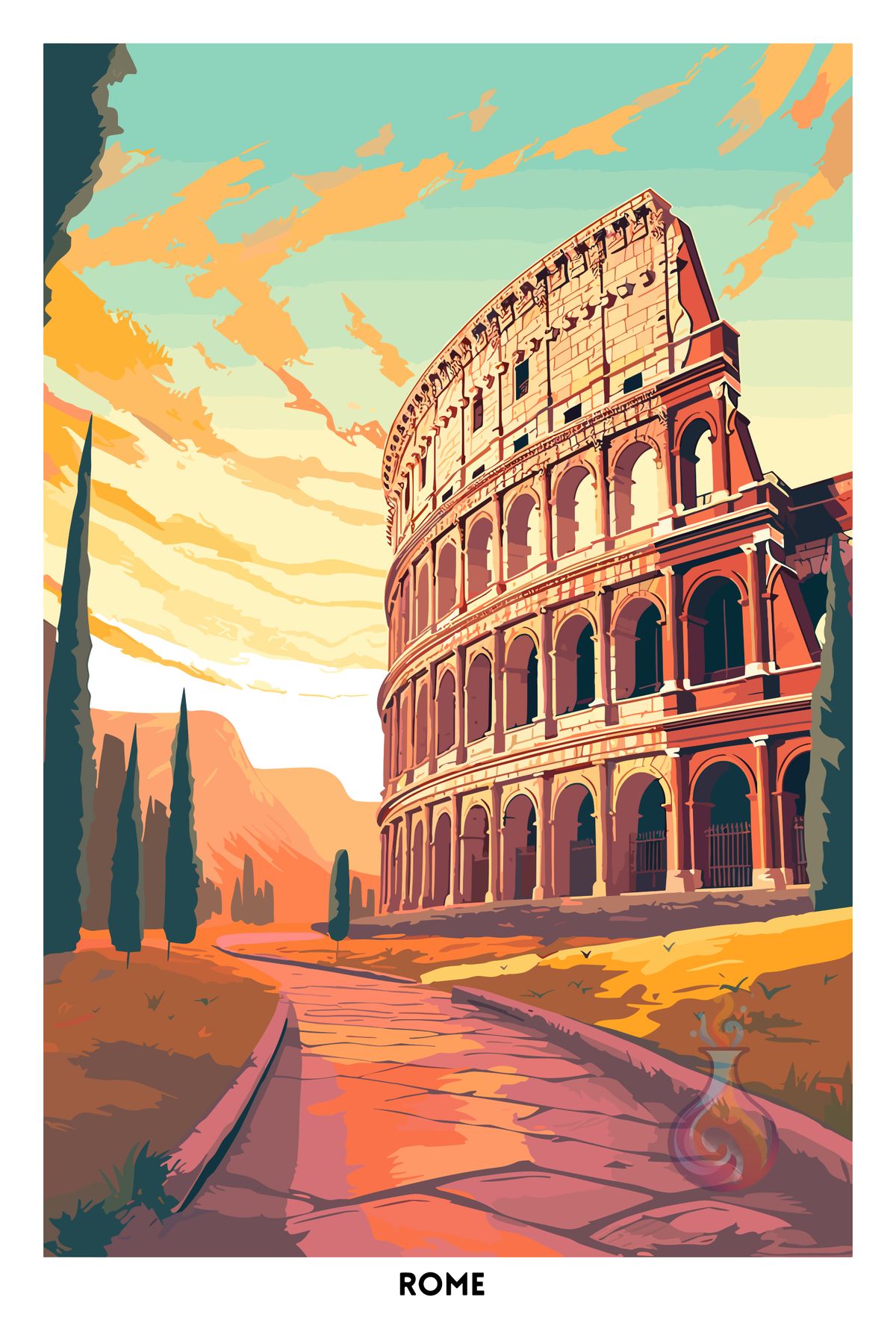 Vintage Rome Colosseum Sunset Poster Wall Art