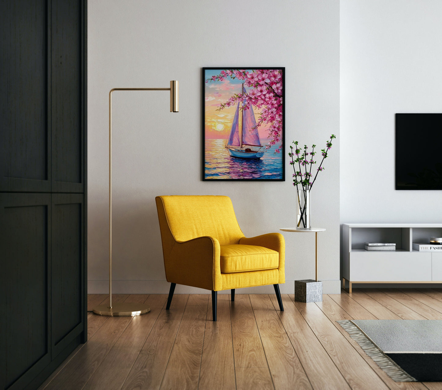 Cherry Blossom Sunset Sailing Poster Wall Art