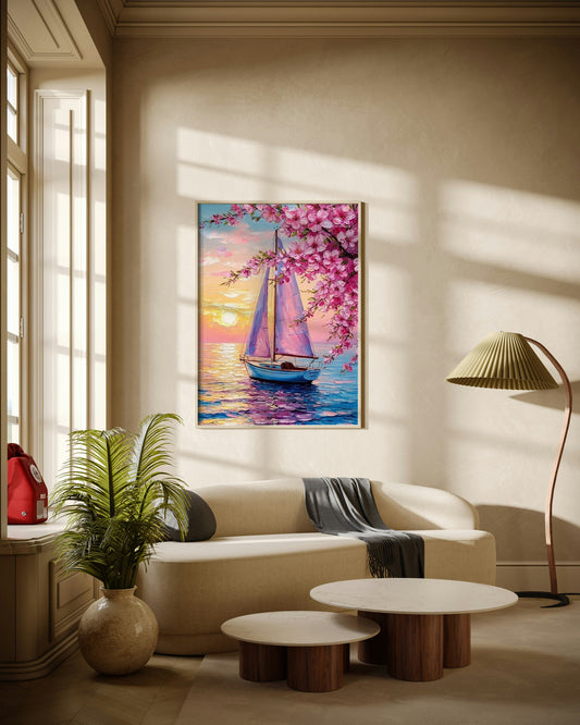 Cherry Blossom Sunset Sailing Poster Wall Art