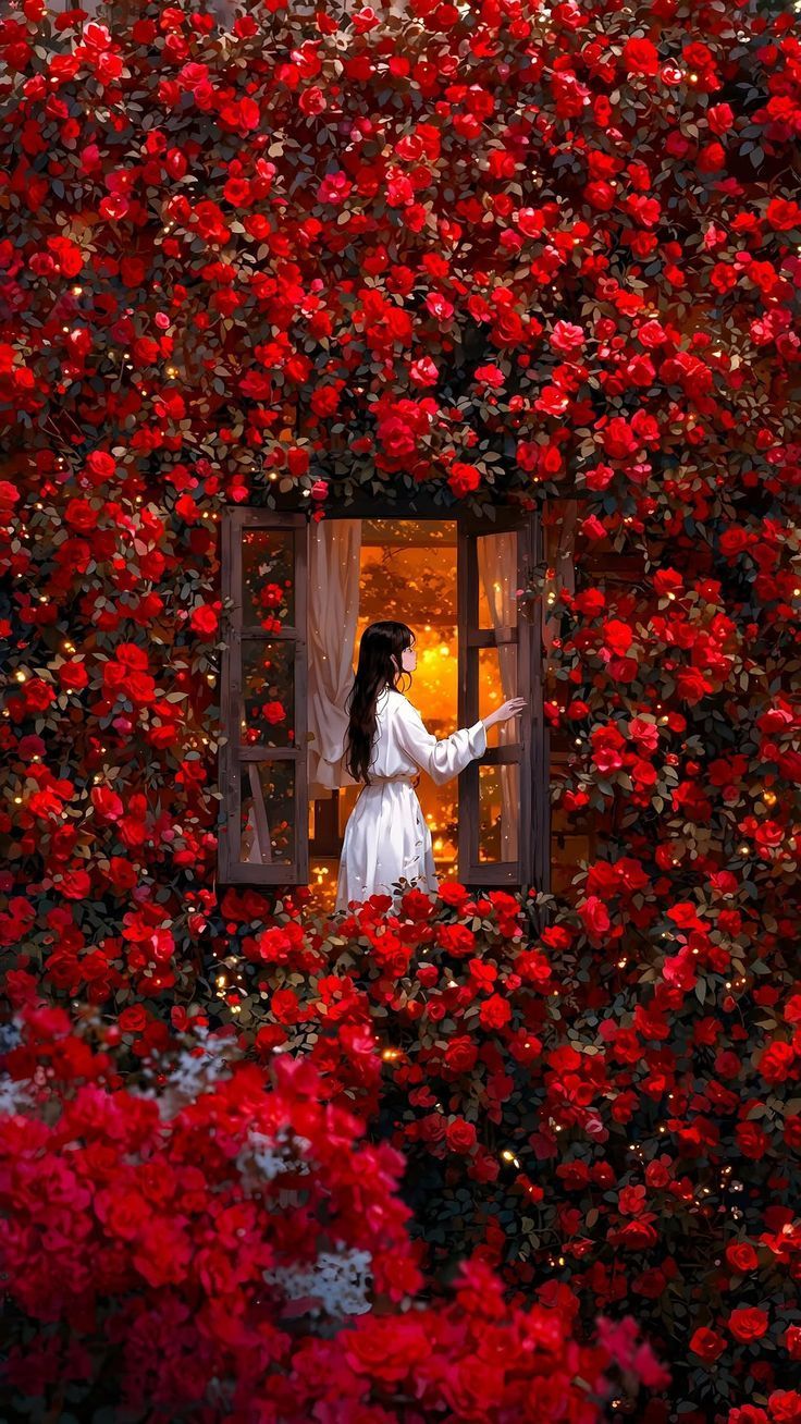 Lady in Red Roses Poster Wall Art