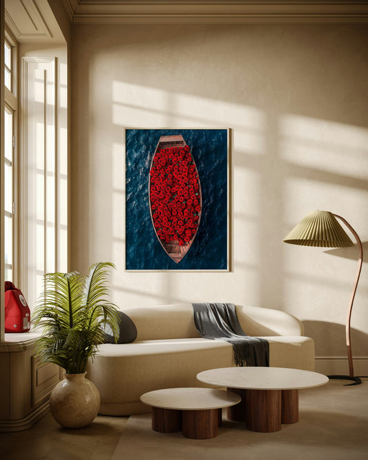 Rose-Filled Boat on the Ocean Poster Wall Art