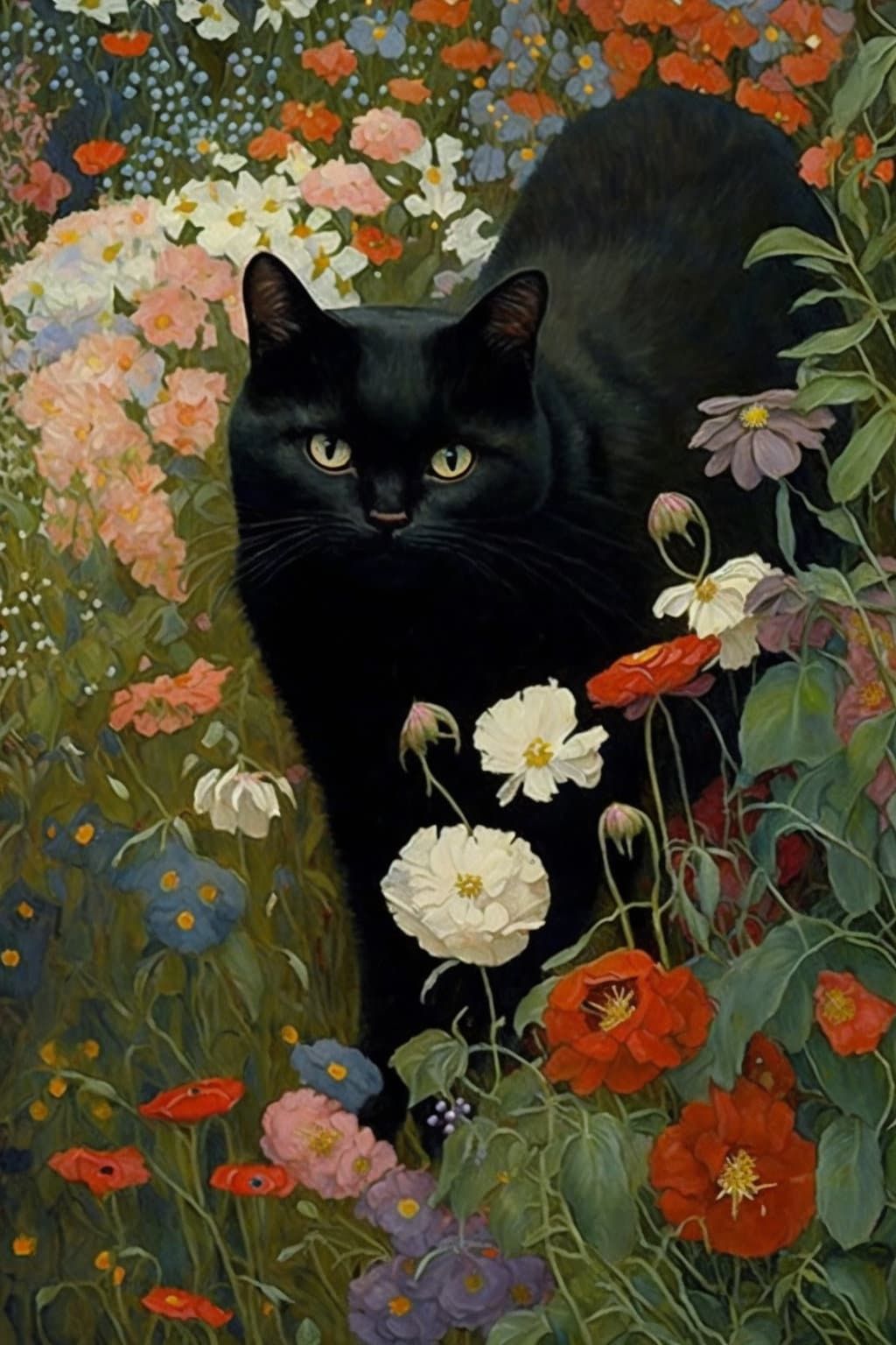Black Cat in a Floral Garden Poster Wall Art