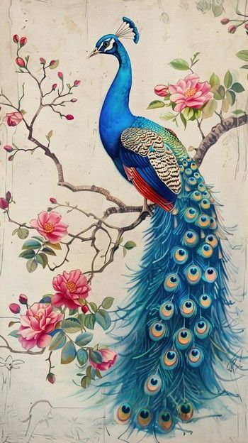 Watercolor Peacock and Cherry Blossoms Poster Wall Art