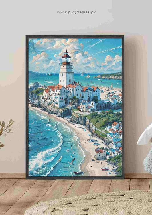 Coastal Village Lighthouse Poster Wall Art