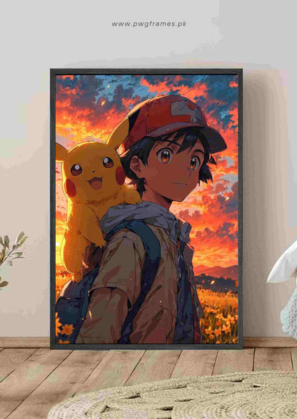 Ash and Pikachu Sunset Journey Poster Wall Art