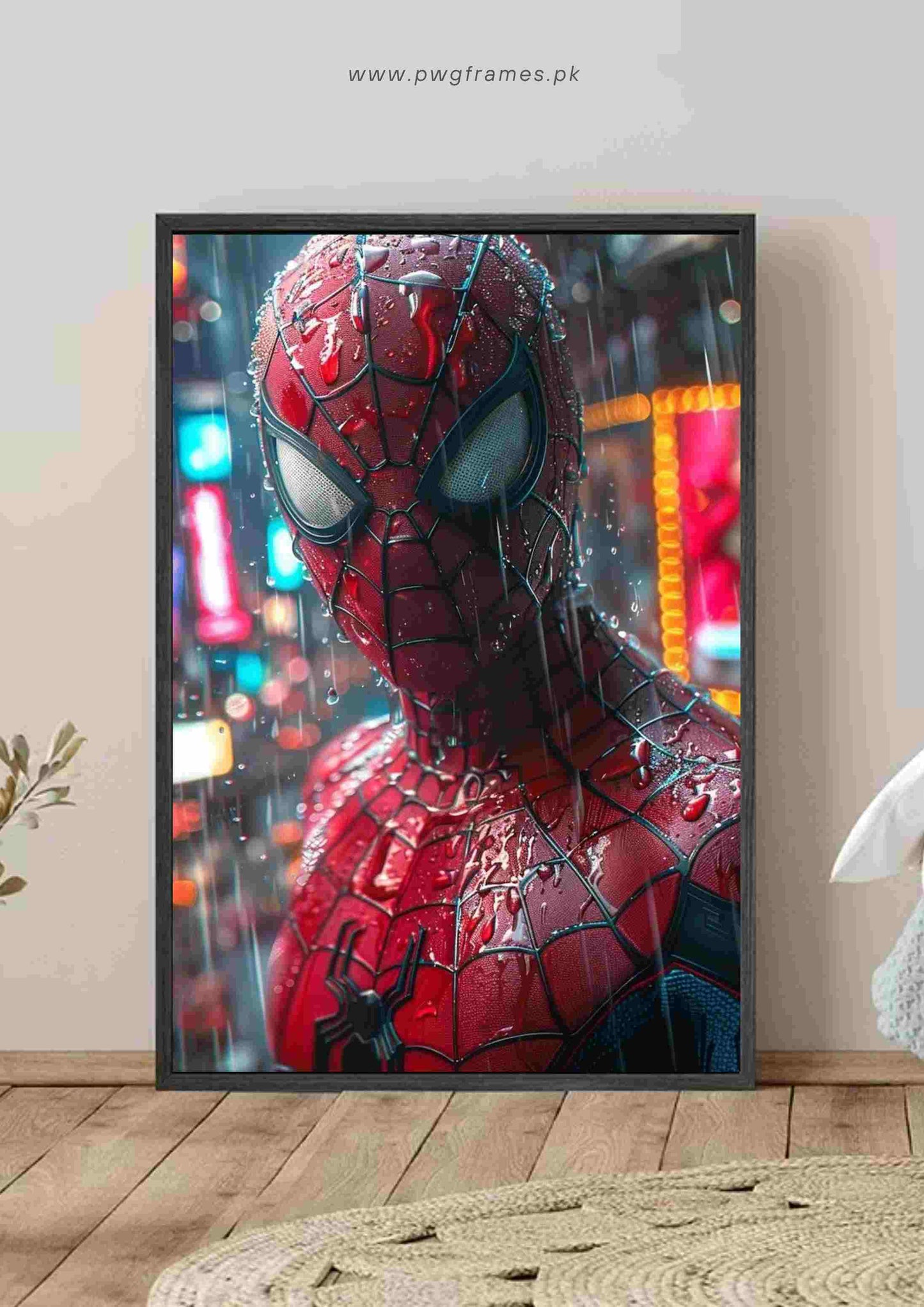 Rain-Soaked Spider-Man in Neon City Poster Wall Art