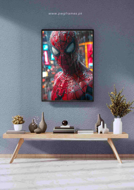 Rain-Soaked Spider-Man in Neon City Poster Wall Art