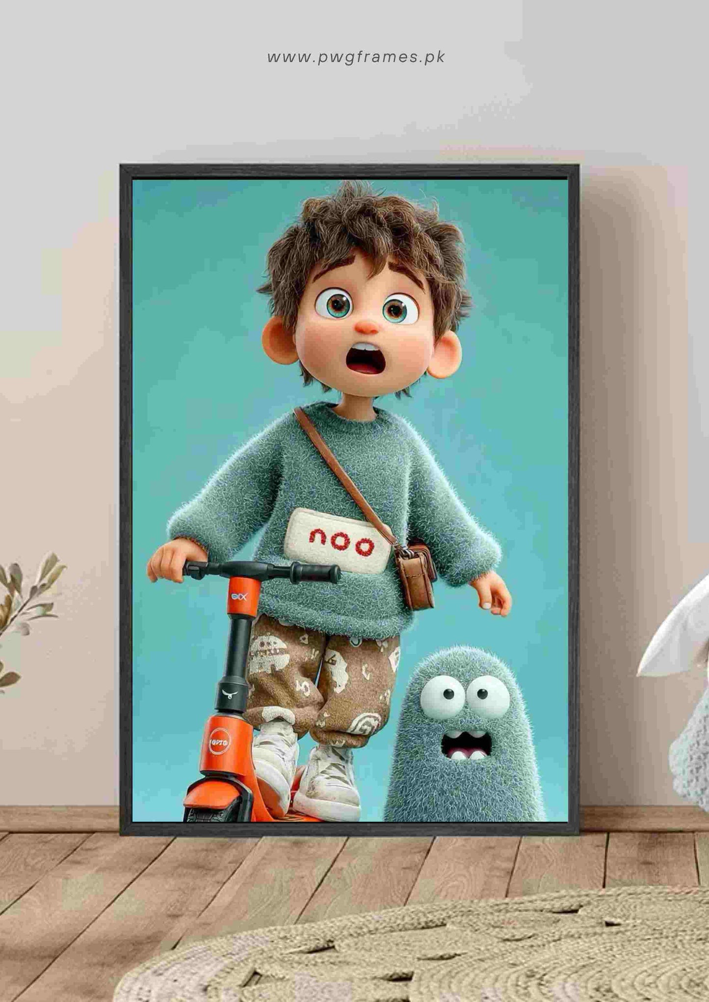 Surprised Boy on Scooter with Fluffy Monster Poster Wall Art