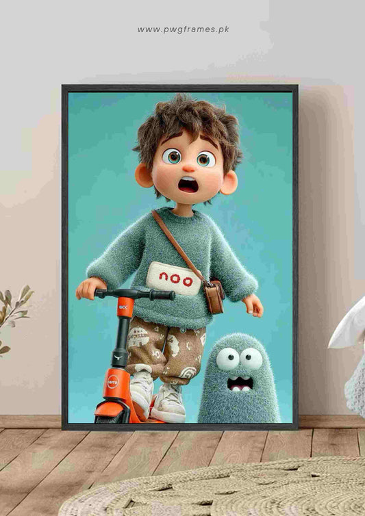 Surprised Boy on Scooter with Fluffy Monster Poster Wall Art