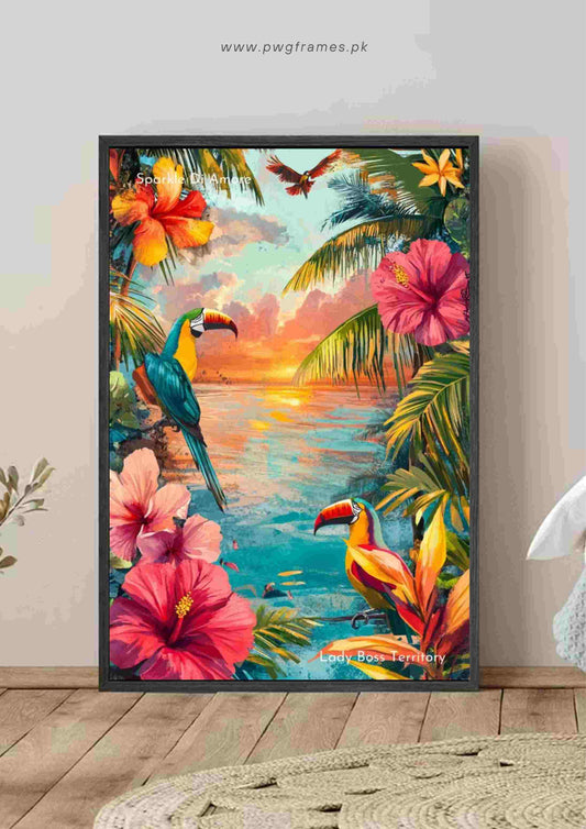 Tropical Sunset Macaws Poster Wall Art