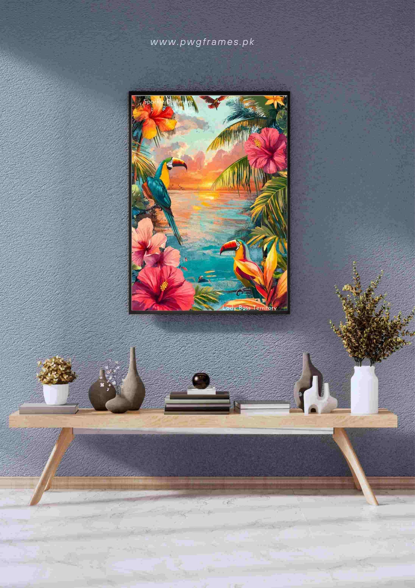 Tropical Sunset Macaws Poster Wall Art