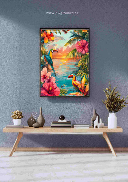 Tropical Sunset Macaws Poster Wall Art