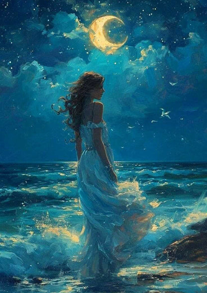 Lady by the Sea Under Moonlight Poster Wall Art