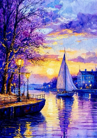 Evening City River Scene Poster Wall Art