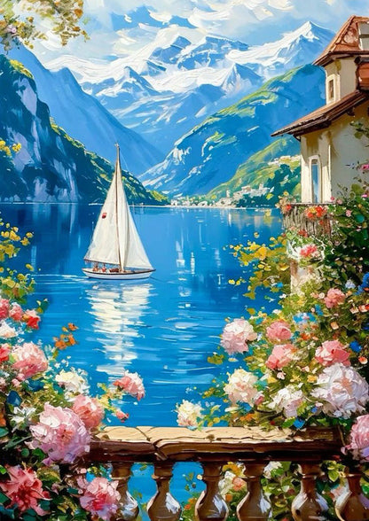 Alpine Lake View with Flowers Poster Wall Art