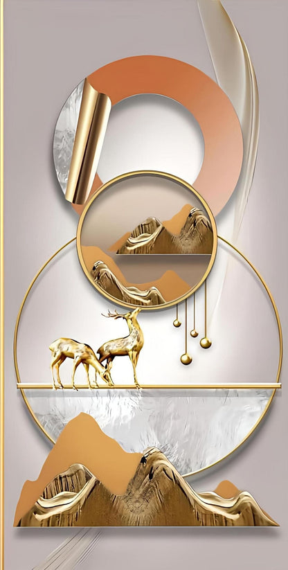 Gold Deer & Mountain Abstract Wall Art