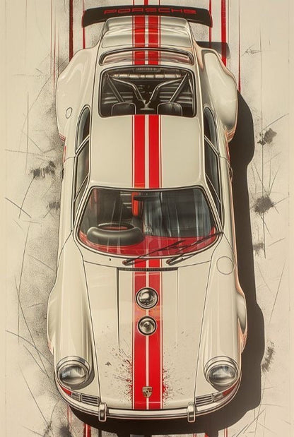White & Red Porsche Race Car Wall Art