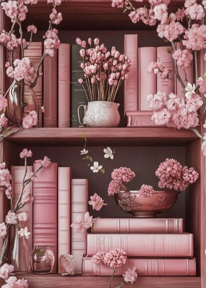 Pink Bookshelf with Cherry Blossoms Wall Art