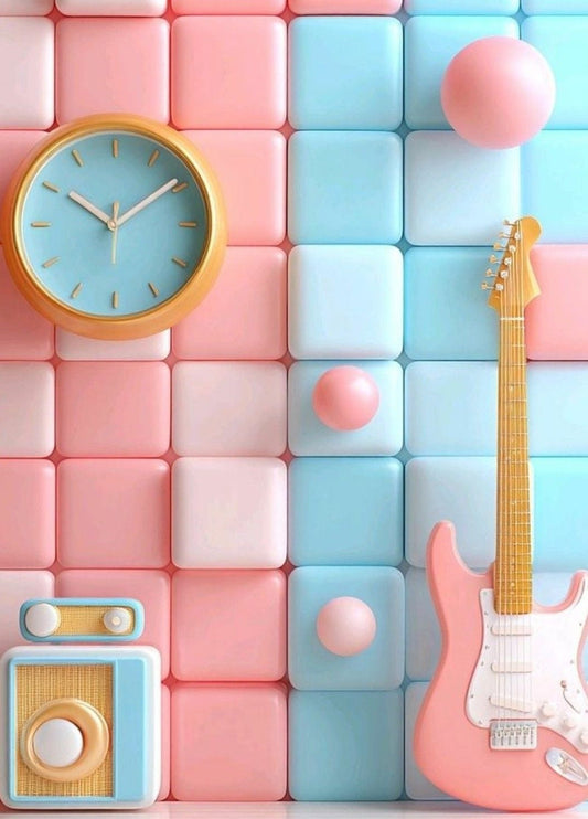 Pastel 3D Blocks with Guitar Wall Art