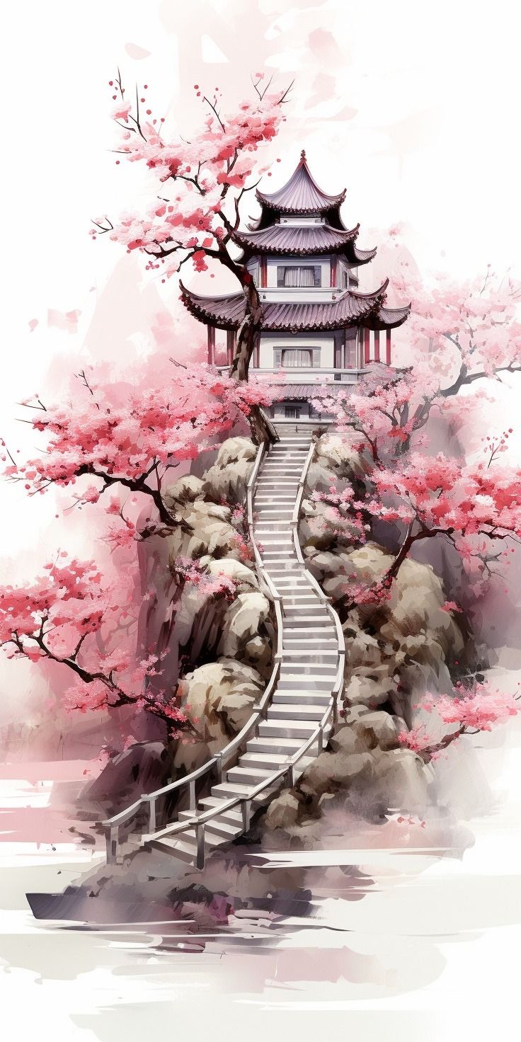 Watercolor Cherry Blossom Temple Poster Wall Art