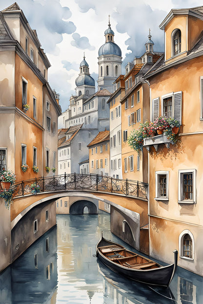 Watercolor Canal Town Poster Wall Art