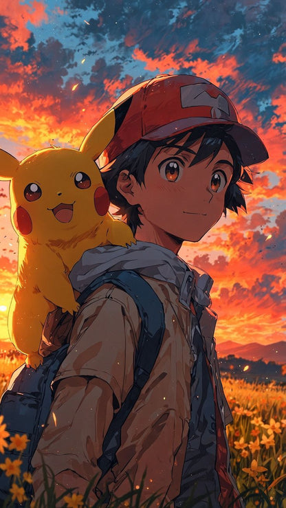 Ash and Pikachu Sunset Journey Poster Wall Art