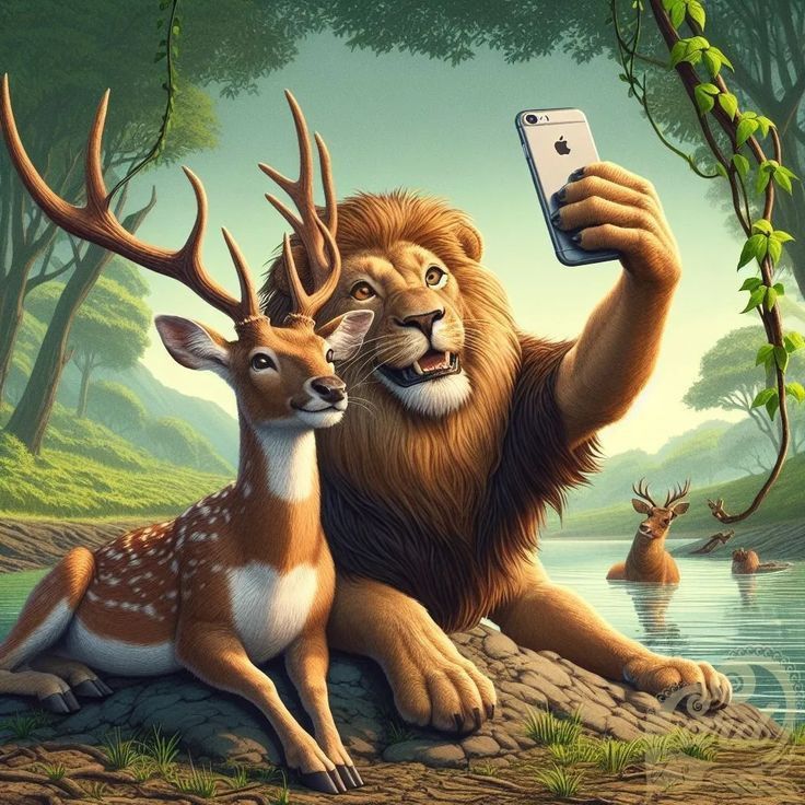Lion and Deer Selfie Poster Wall Art