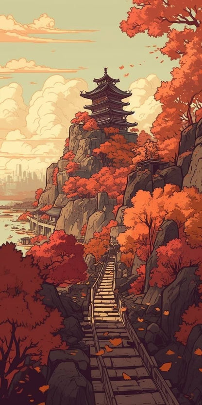 Autumn Temple Ascent Poster Wall Art