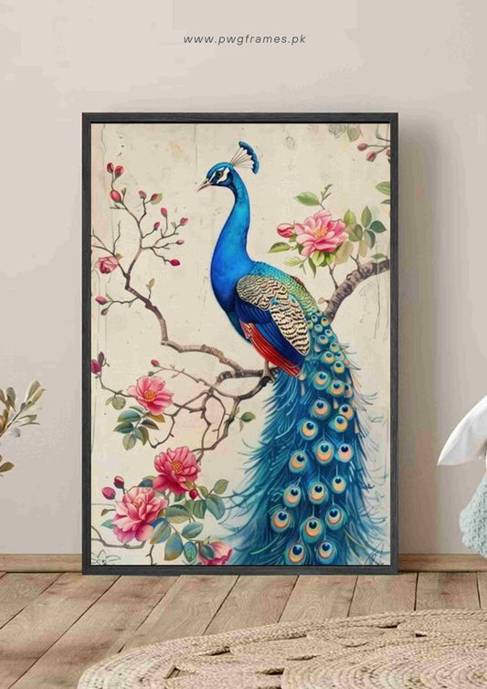 Watercolor Peacock and Cherry Blossoms Poster Wall Art
