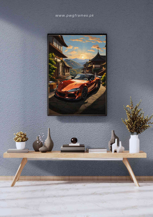 Anime-style Toyota Supra in Traditional Japanese Village Poster Wall Art