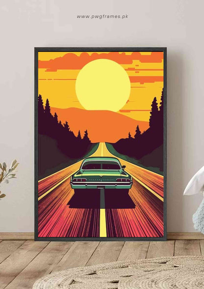 Vintage Car Sunset Road Trip Poster Wall Art