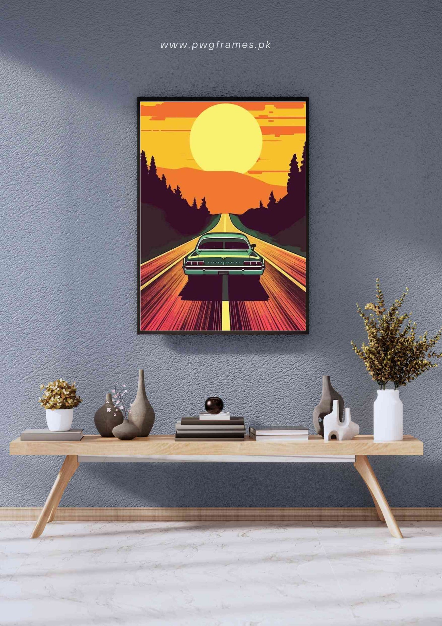 Vintage Car Sunset Road Trip Poster Wall Art