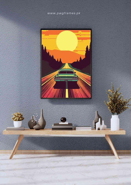 Vintage Car Sunset Road Trip Poster Wall Art