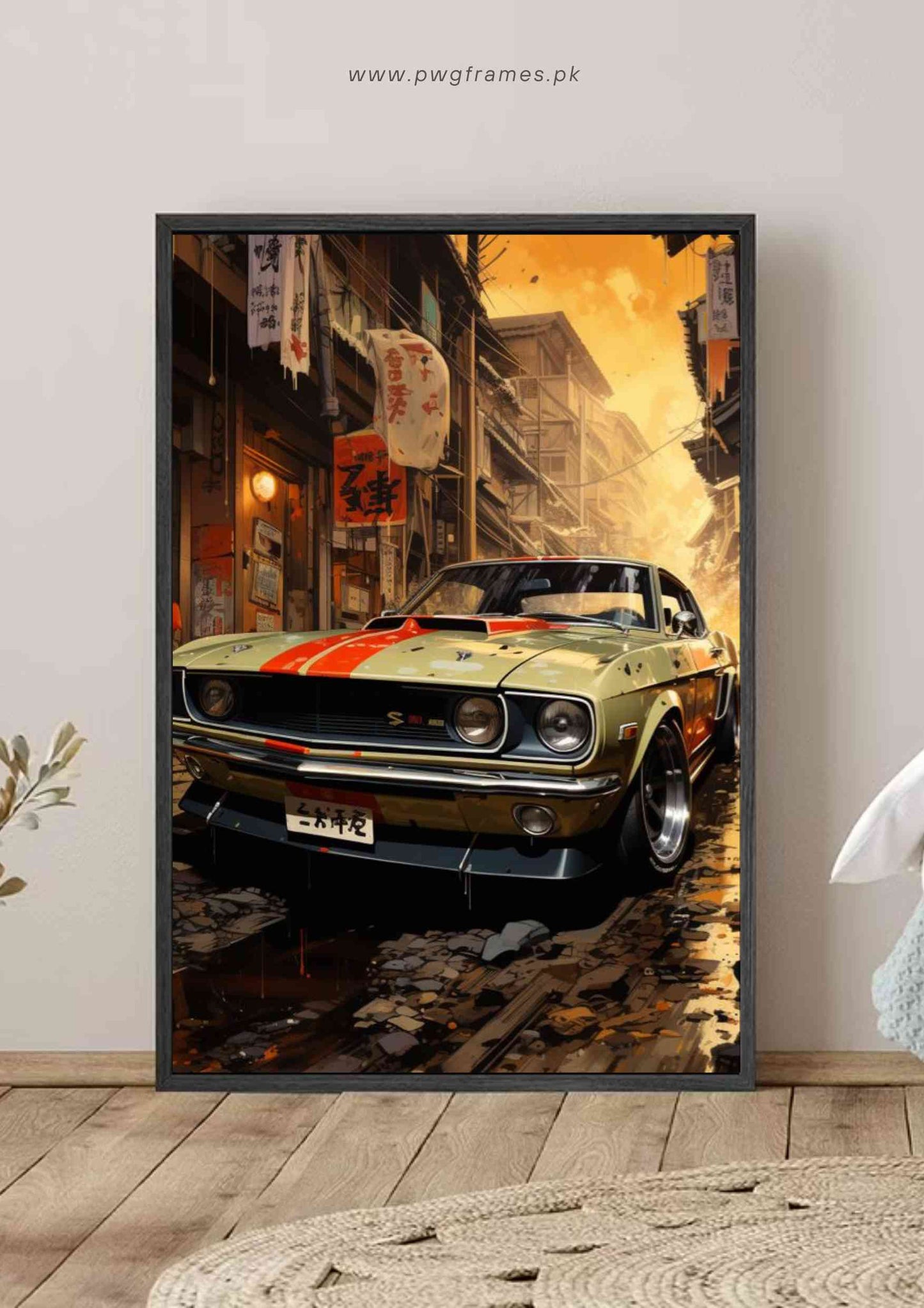 Anime-style Muscle Car in a Japanese Street Poster Wall Art