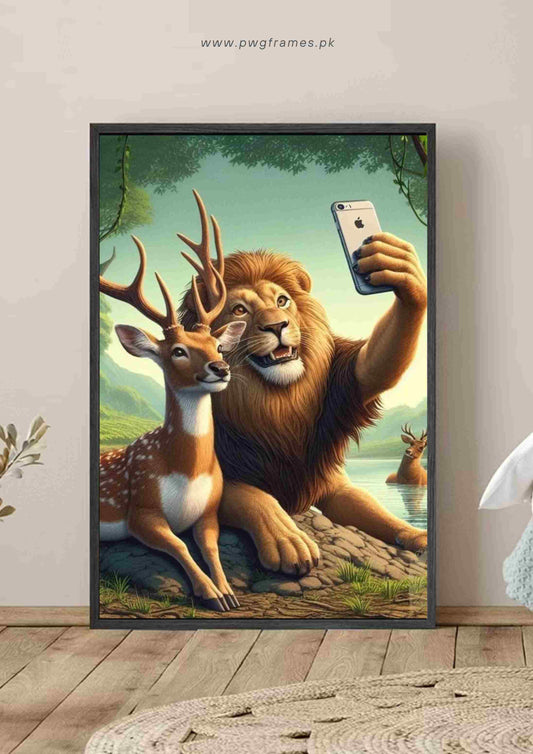 Lion and Deer Selfie Poster Wall Art