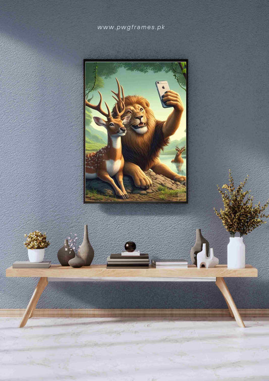 Lion and Deer Selfie Poster Wall Art