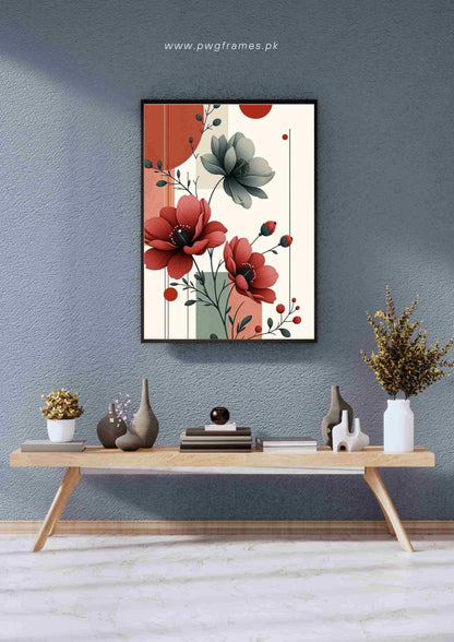 Red and Grey Floral Abstract Poster Wall Art