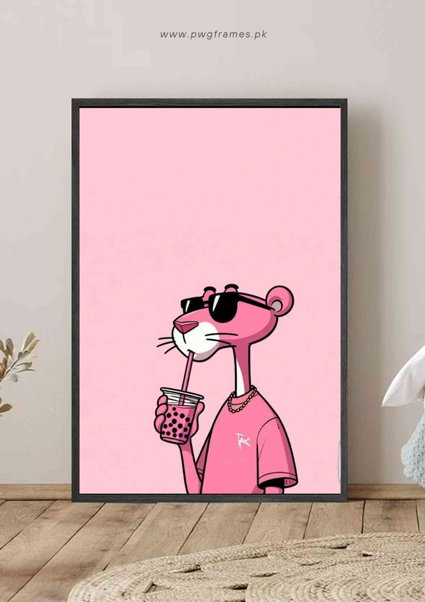 Pink Panther with Boba Tea Poster Wall Art