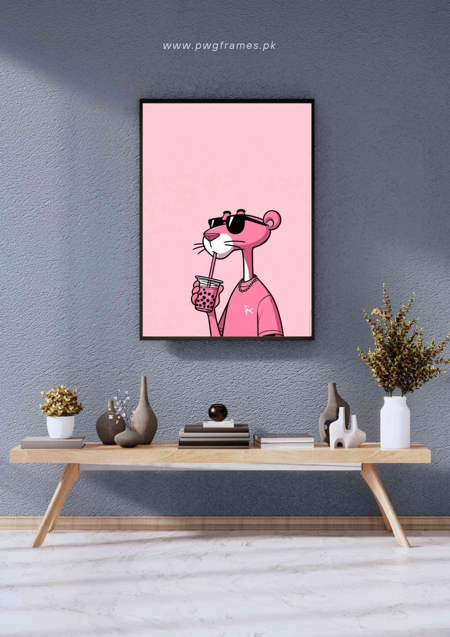 Pink Panther with Boba Tea Poster Wall Art