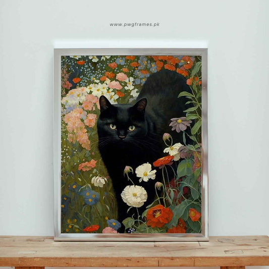 Black Cat in a Floral Garden Poster Wall Art