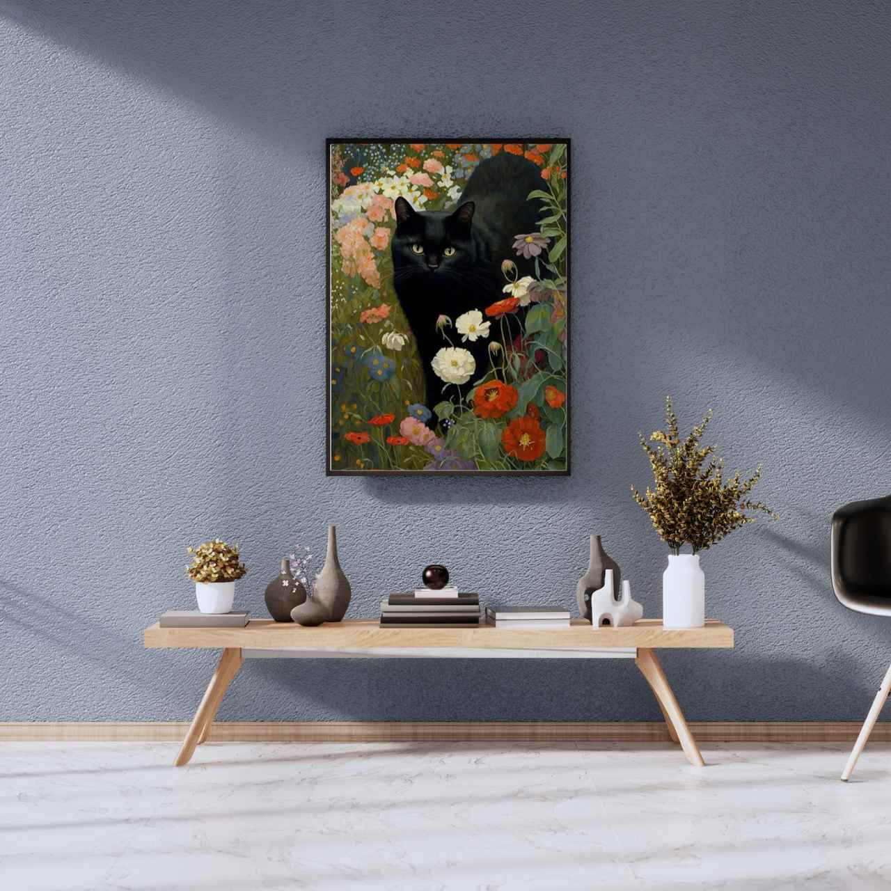 Black Cat in a Floral Garden Poster Wall Art