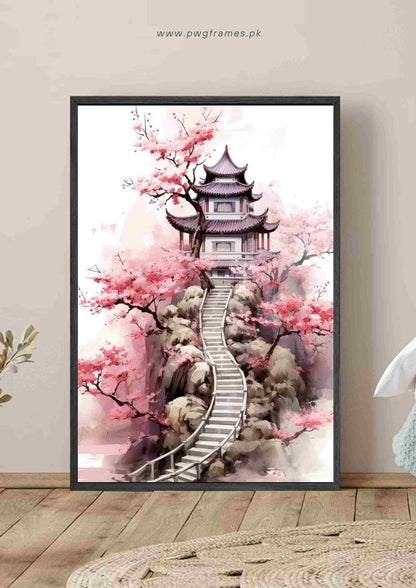 Watercolor Cherry Blossom Temple Poster Wall Art